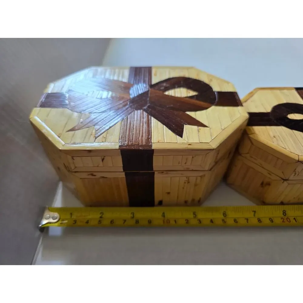 Bamboo Inlay Nesting Box Set of 3 Jewlery Keepsake Boxes Bow Decor